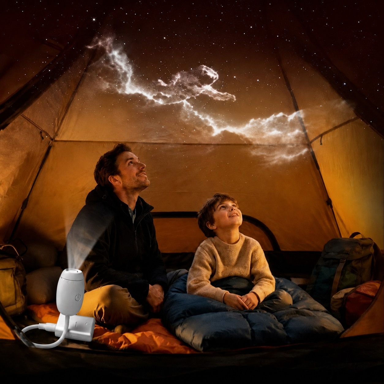 Pappa och barn i tält tittar upp mot en stjärnhimmel projicerad av Himlaljus Galaxyprojektor